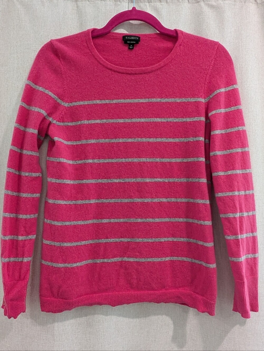 Talbots 100% Cashmere Sweater M Pink Gray Stripe Crewneck Button Cuff Soft Luxe